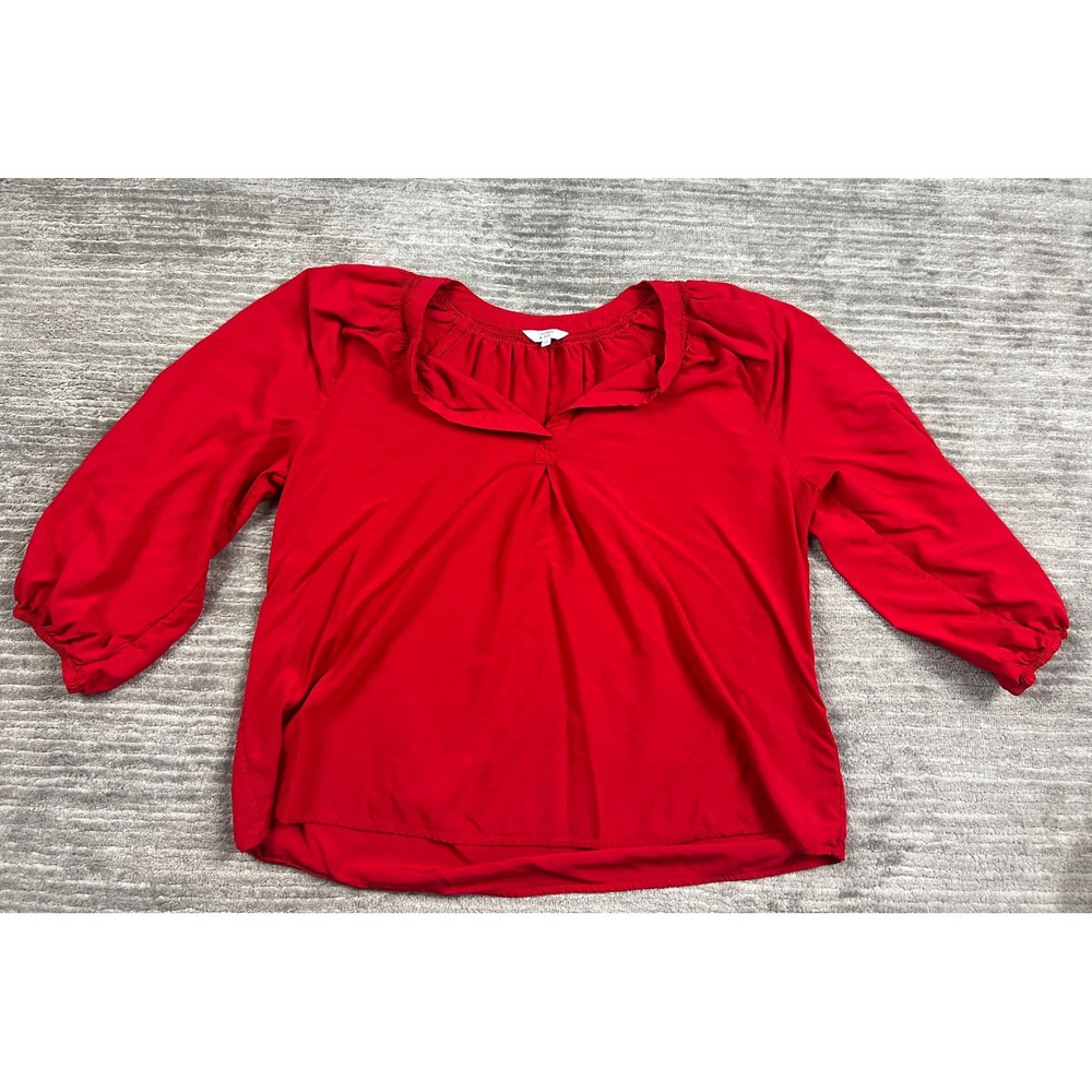 Crown & Ivy Blouse Womens XL Red Split Neck 3/4 Puff Sleeve Rayon Peasant Top